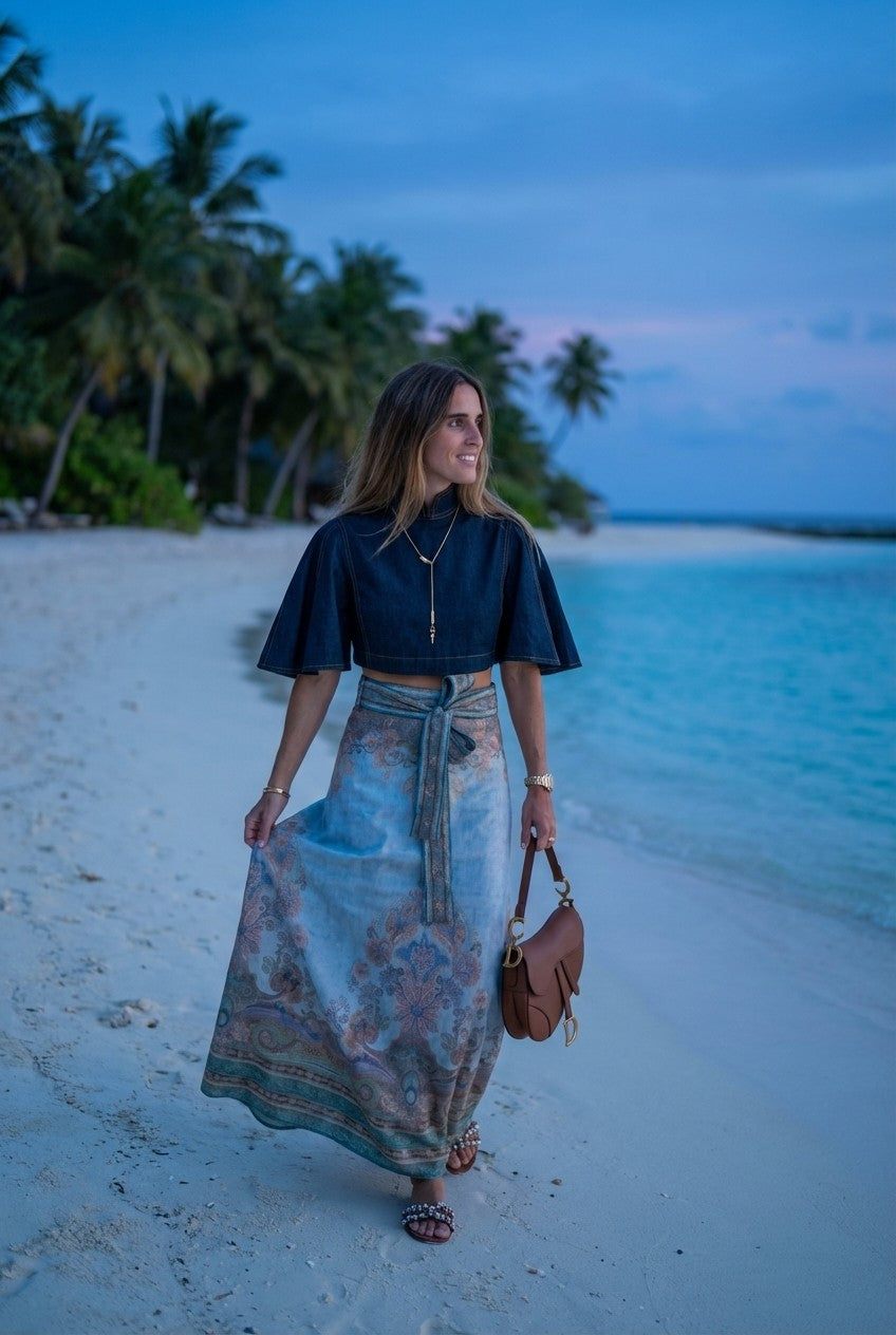 Denim Crop Blouse & Patterned Maxi Skirt