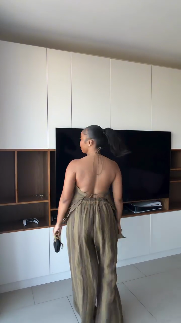 Olive green pleated backless top and wide-leg pants set-Trafni