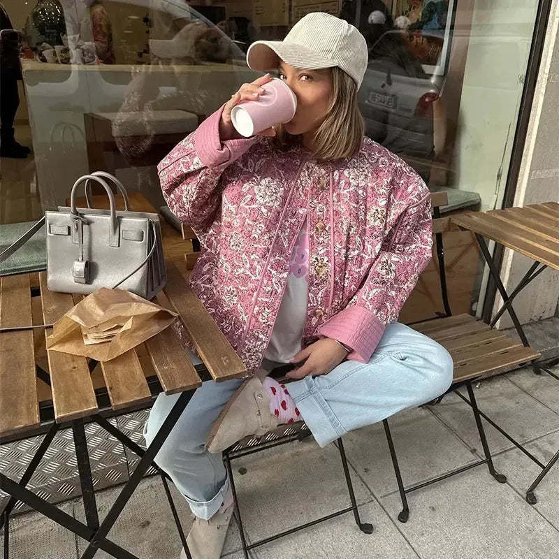 Street Retro Floral Print Style Quilted Jacket-CALLISTARI