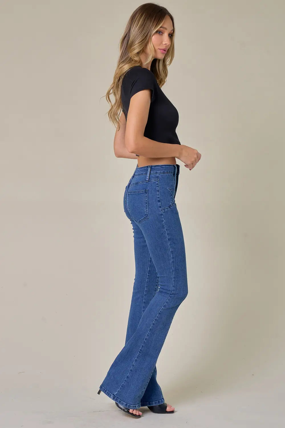 Midtone Star Detail Bell Bottom Jeans-Mesadic