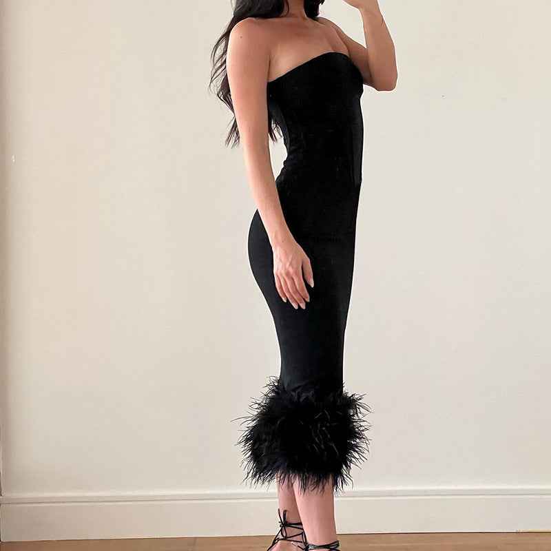FRENCH STYLE FEATHER COCKTAIL STRAPLESS CORSET MIDI DRESS - BLACK-CALLISTARI