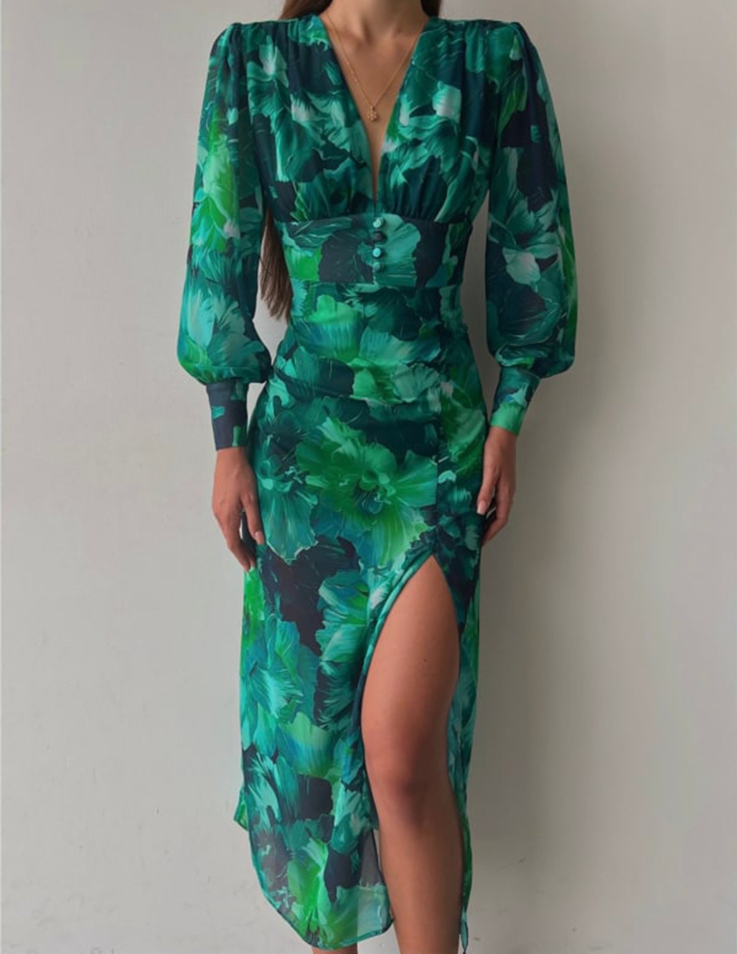Callistari Calista Green Bloom V-neck Long Sleeve Maxi Dress-CALLISTARI