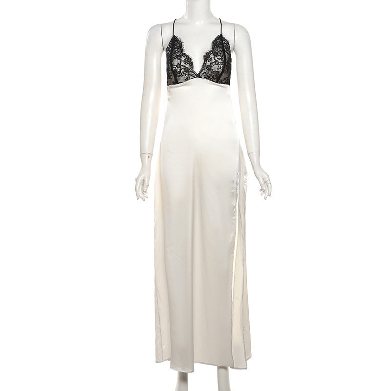 Amelie Cowl Neck Lace Trim Satin Maxi Dress-CALLISTARI