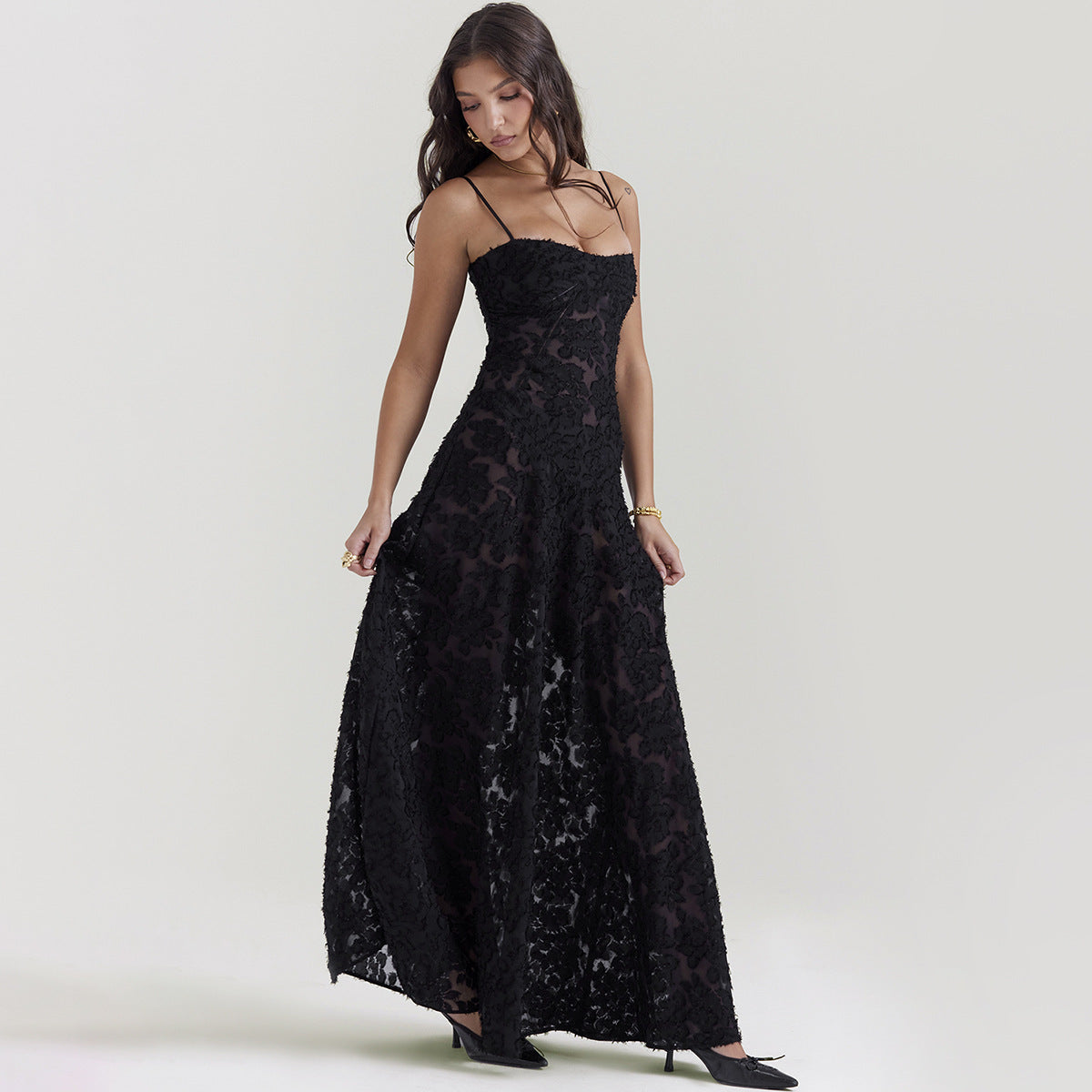 Jessie Floral Jacquard Lace Gothic Party Flowy Slip Maxi Dresses-Black-CALLISTARI