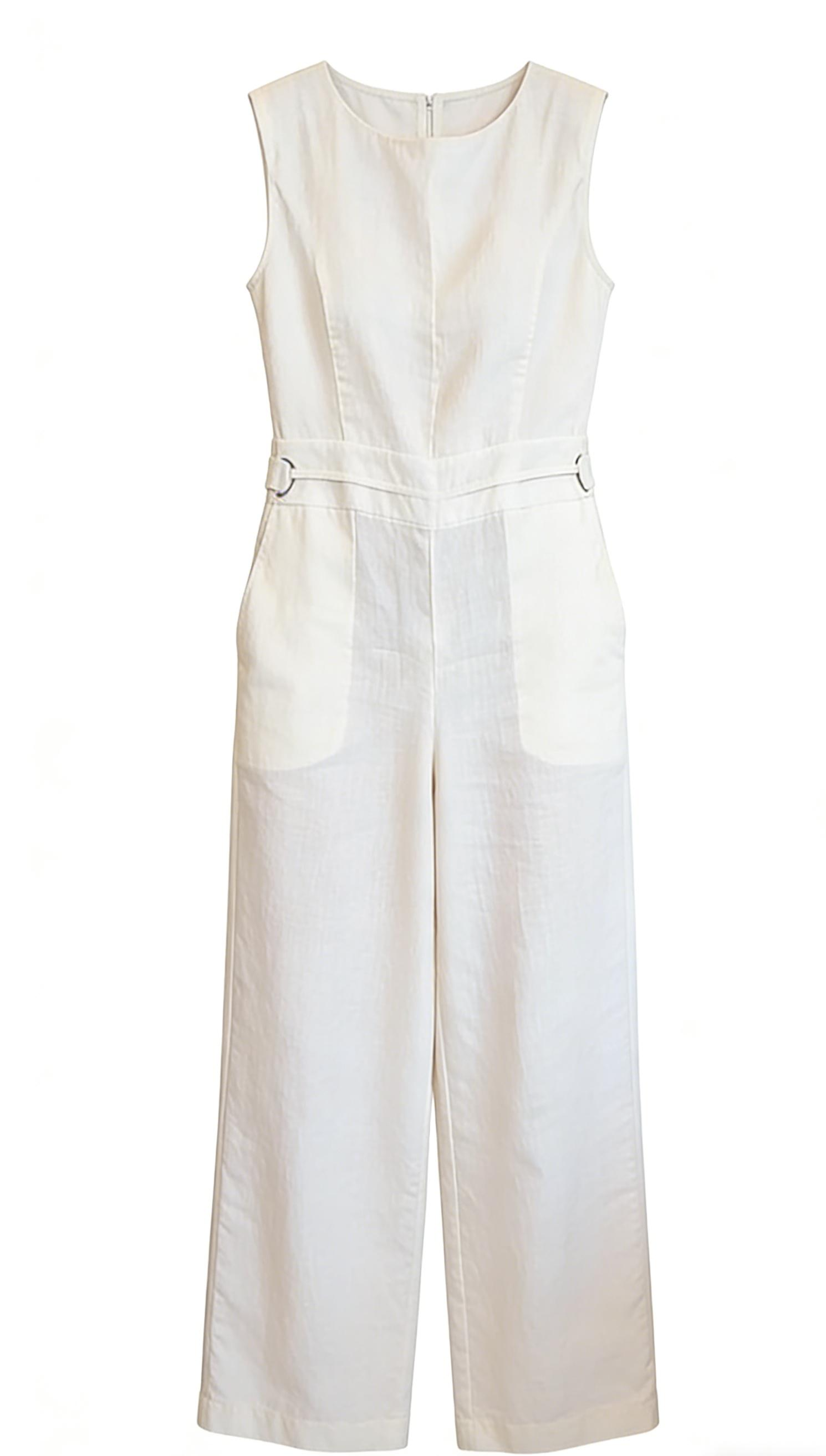 Linen blend sleeveless wide-leg jumpsuit-Trafni
