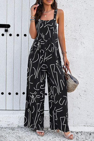 Printed Wide Strap Jumpsuit with Pockets-CALLISTARI