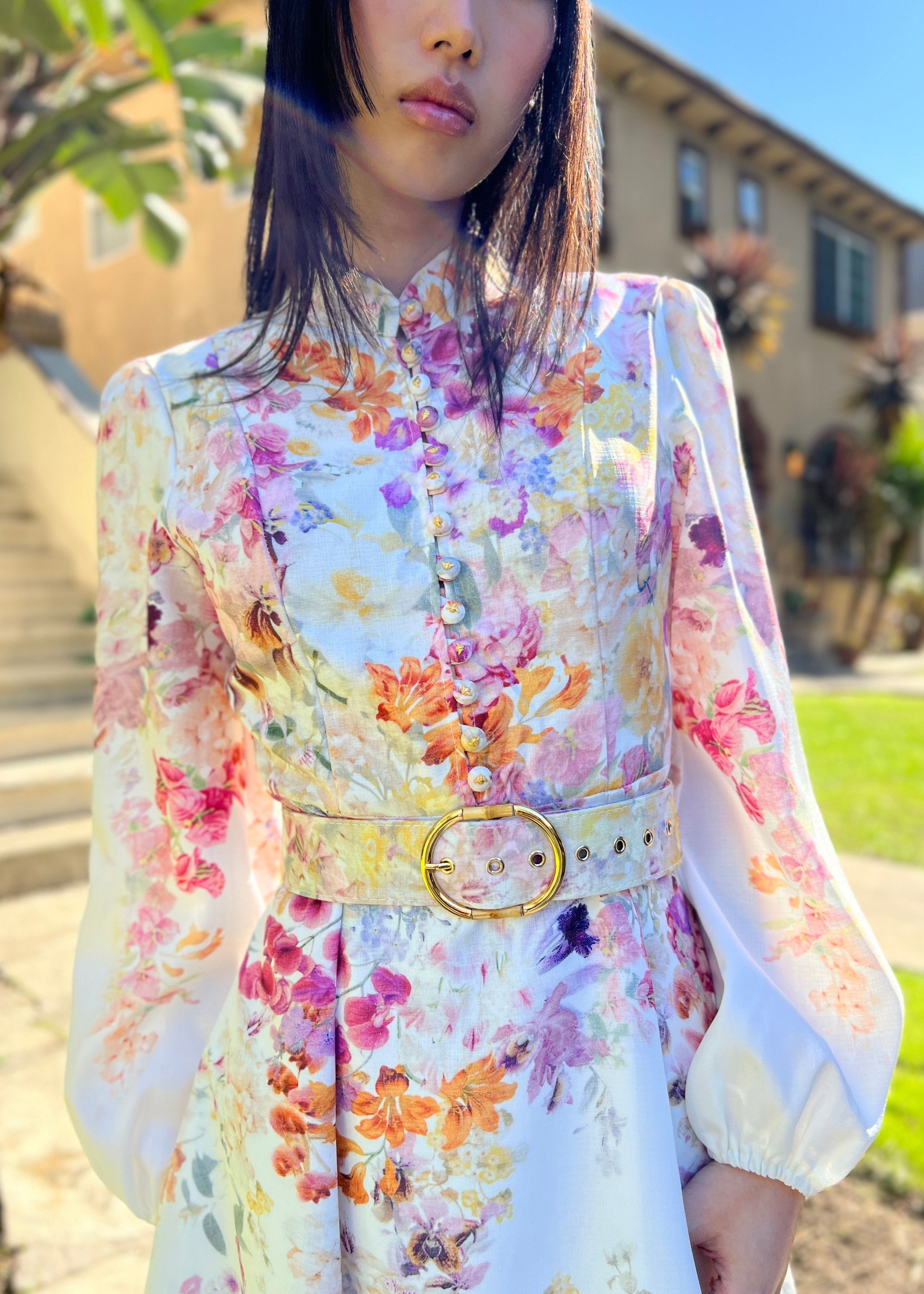 Anastasia Long Puff Sleeve Multicolor Floral Midi Dress