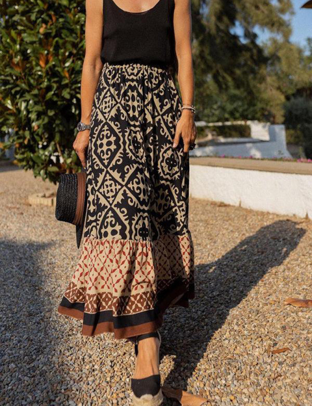 Baroque Tribal Print Boho Maxi Skirt In Black-CALLISTARI