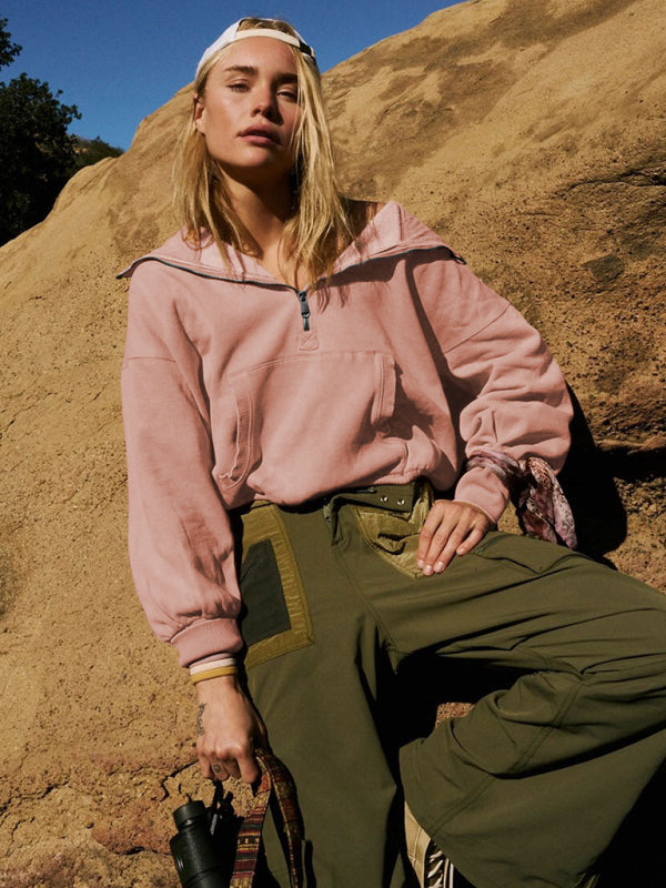 Athletic Drawstring Long Sleeve Half Zipper Hoodie-CALLISTARI