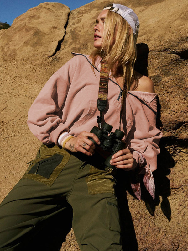 Athletic Drawstring Long Sleeve Half Zipper Hoodie-CALLISTARI