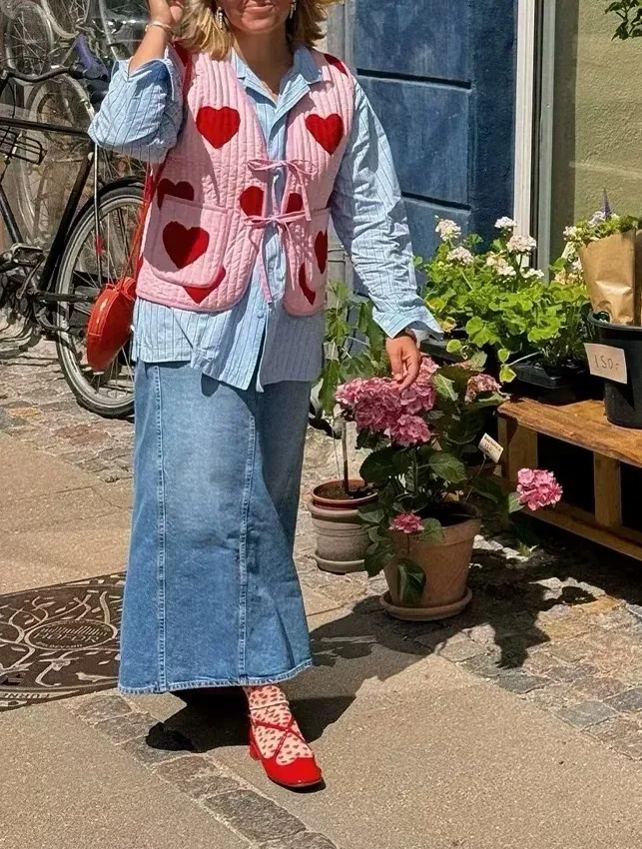 Heart Print Sleeveless Pink Bow V-neck Waistcoat-CALLISTARI