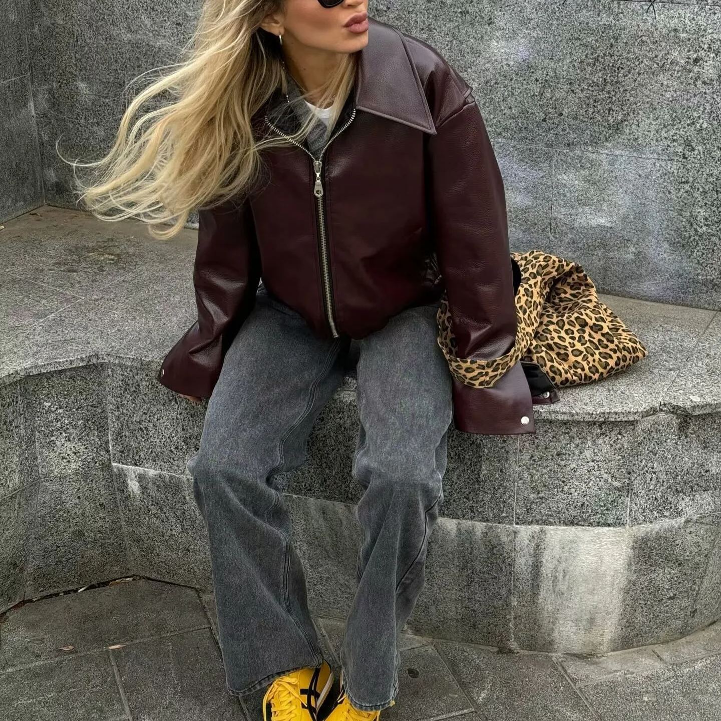 Vintage Lapel Zipper Faux Leather Jacket-CALLISTARI