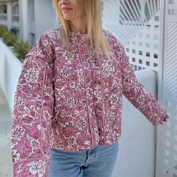 Street Retro Floral Print Style Quilted Jacket-CALLISTARI