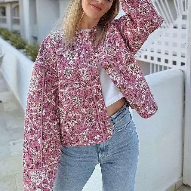 Street Retro Floral Print Style Quilted Jacket-CALLISTARI