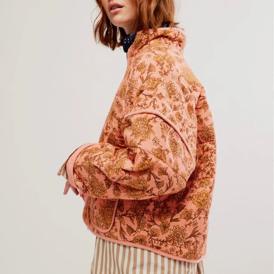 Floral Print Stand Collar Patchwork Jacket-CALLISTARI