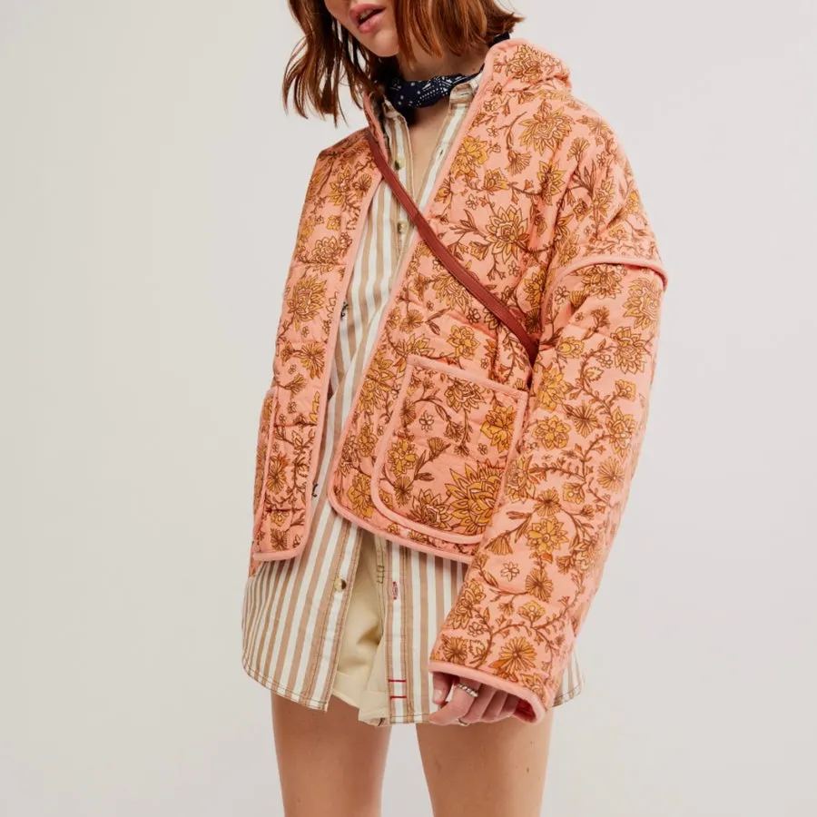 Floral Print Stand Collar Patchwork Jacket-CALLISTARI