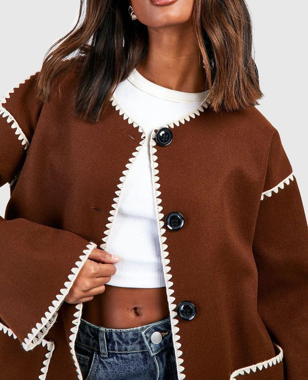 Kontrast-Jacke In Wolloptik