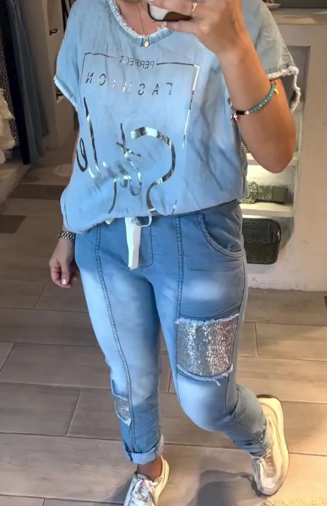 STRETCH SEQUINED WASHED DENIM JEANS