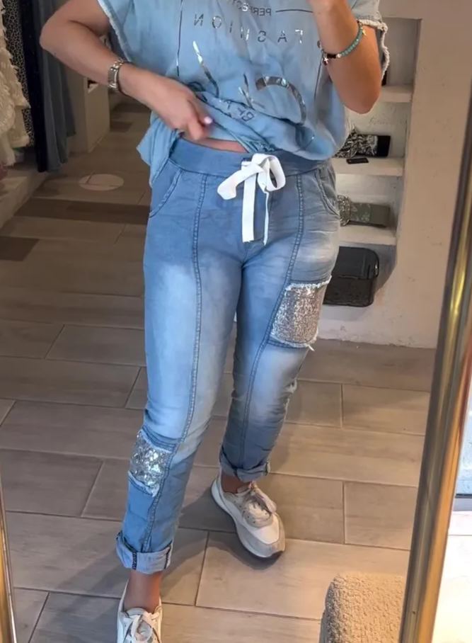 STRETCH SEQUINED WASHED DENIM JEANS