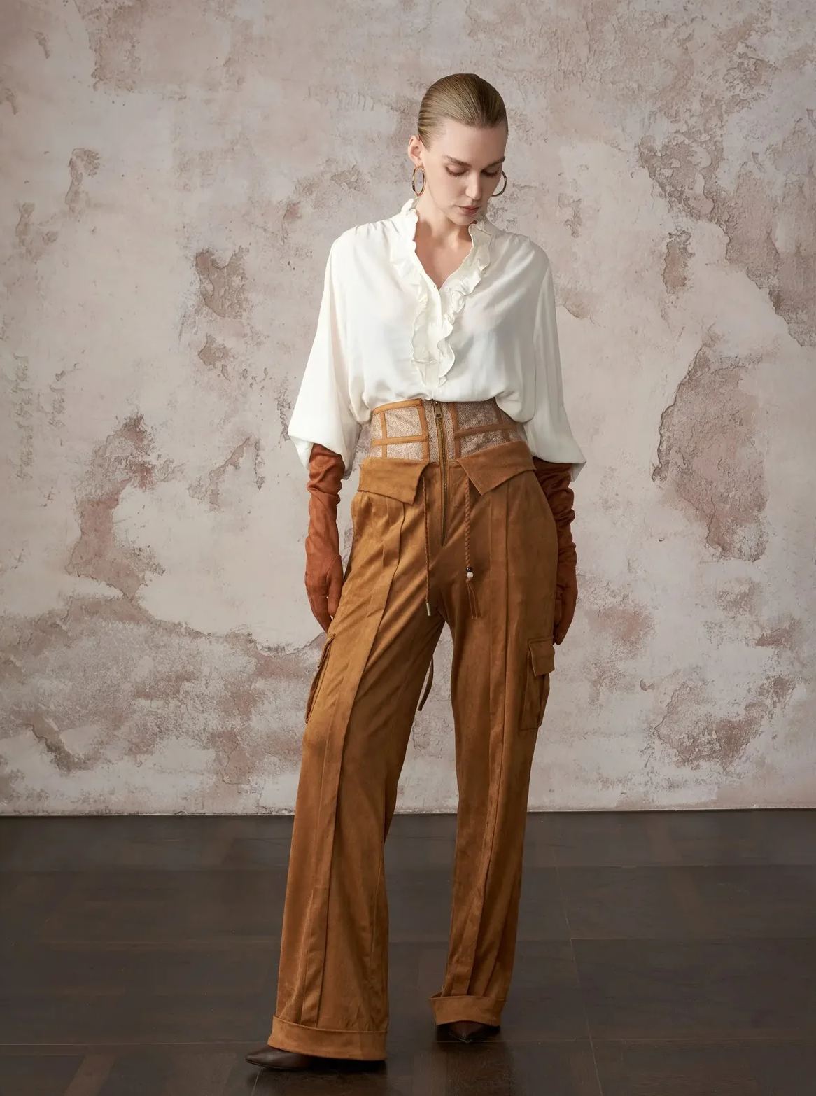Brown Polished Abstract Print Pant Set