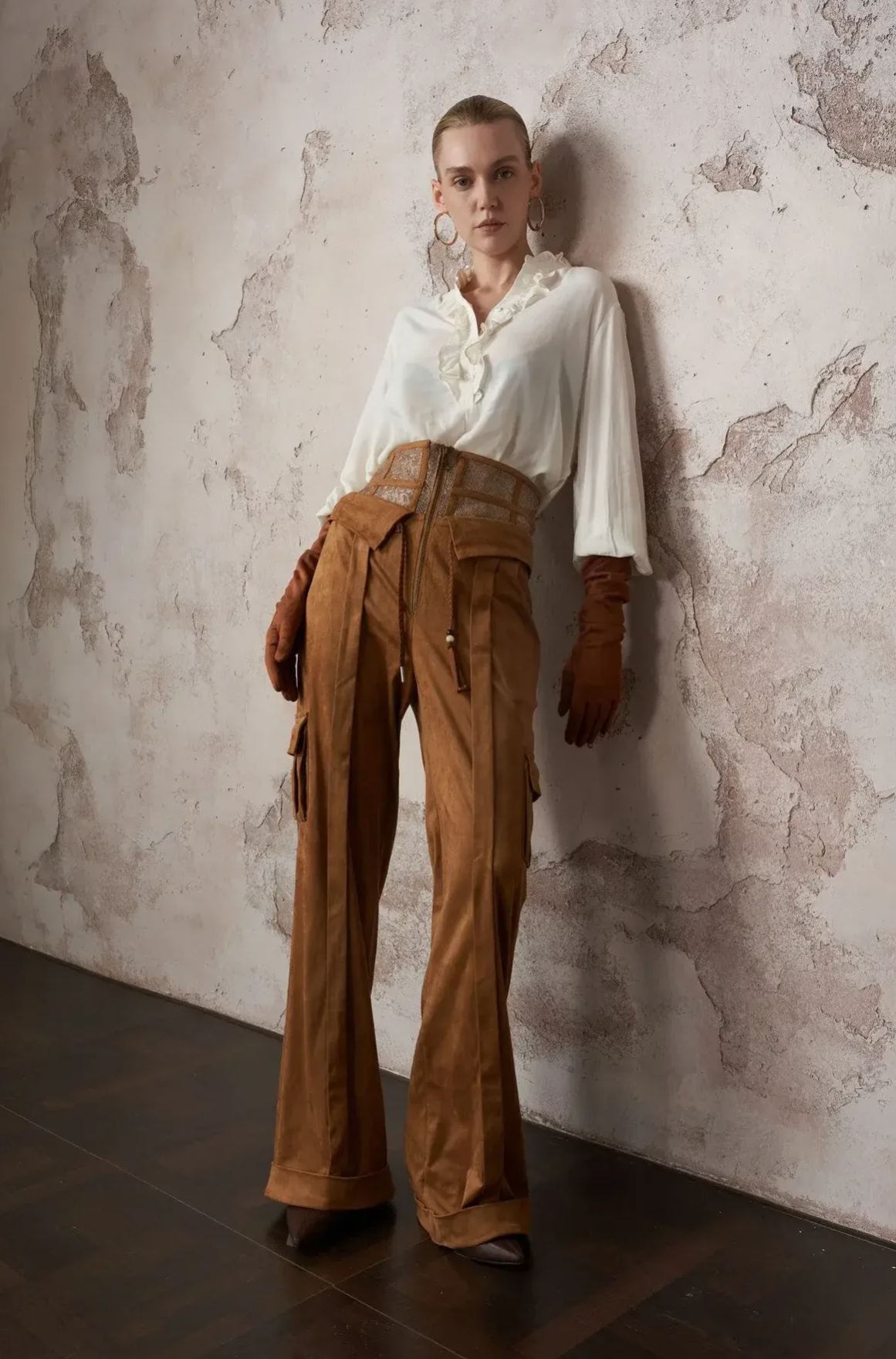 Brown Polished Abstract Print Pant Set