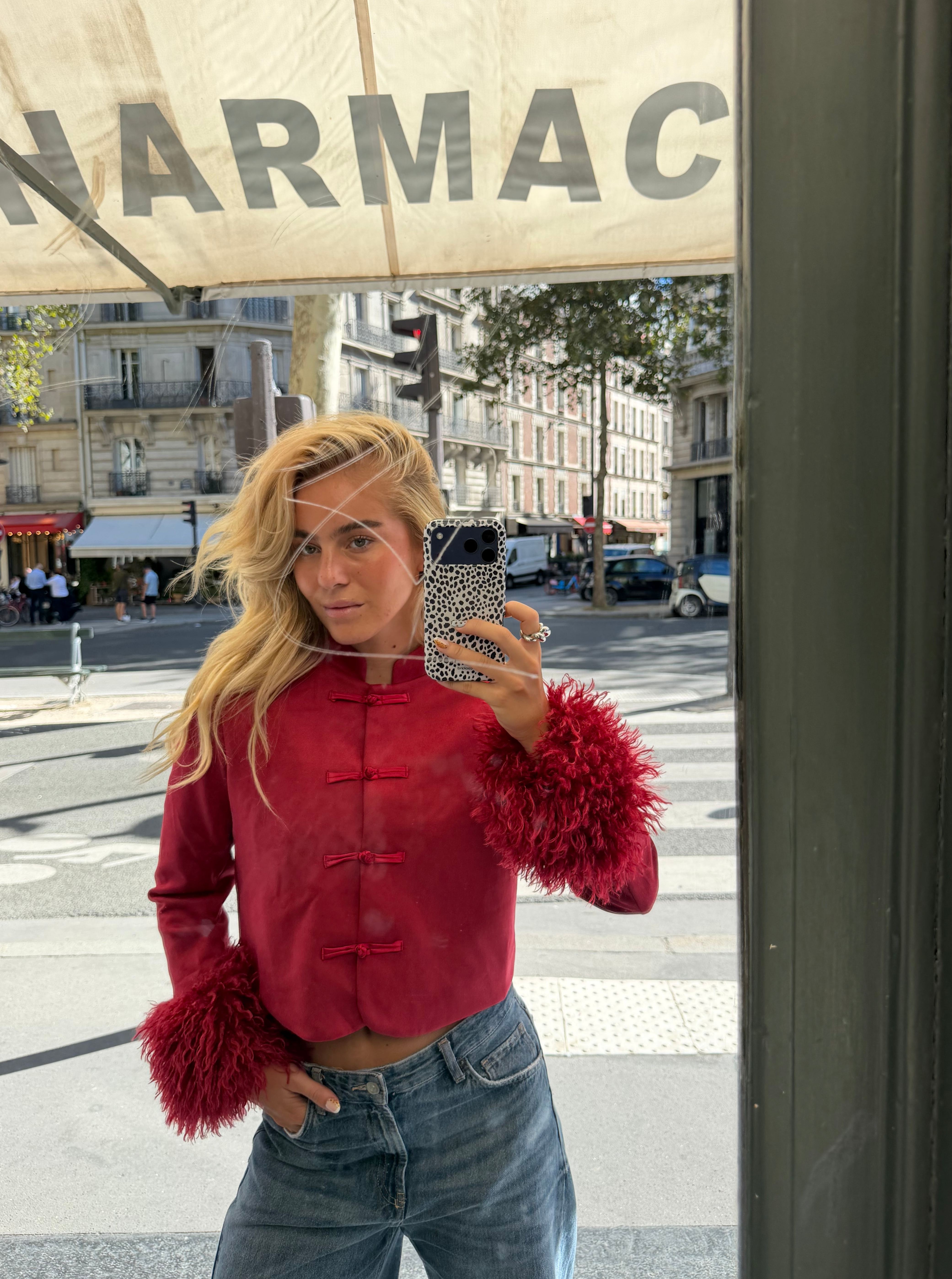 Red Suede Frog-Button Cropped Jacket