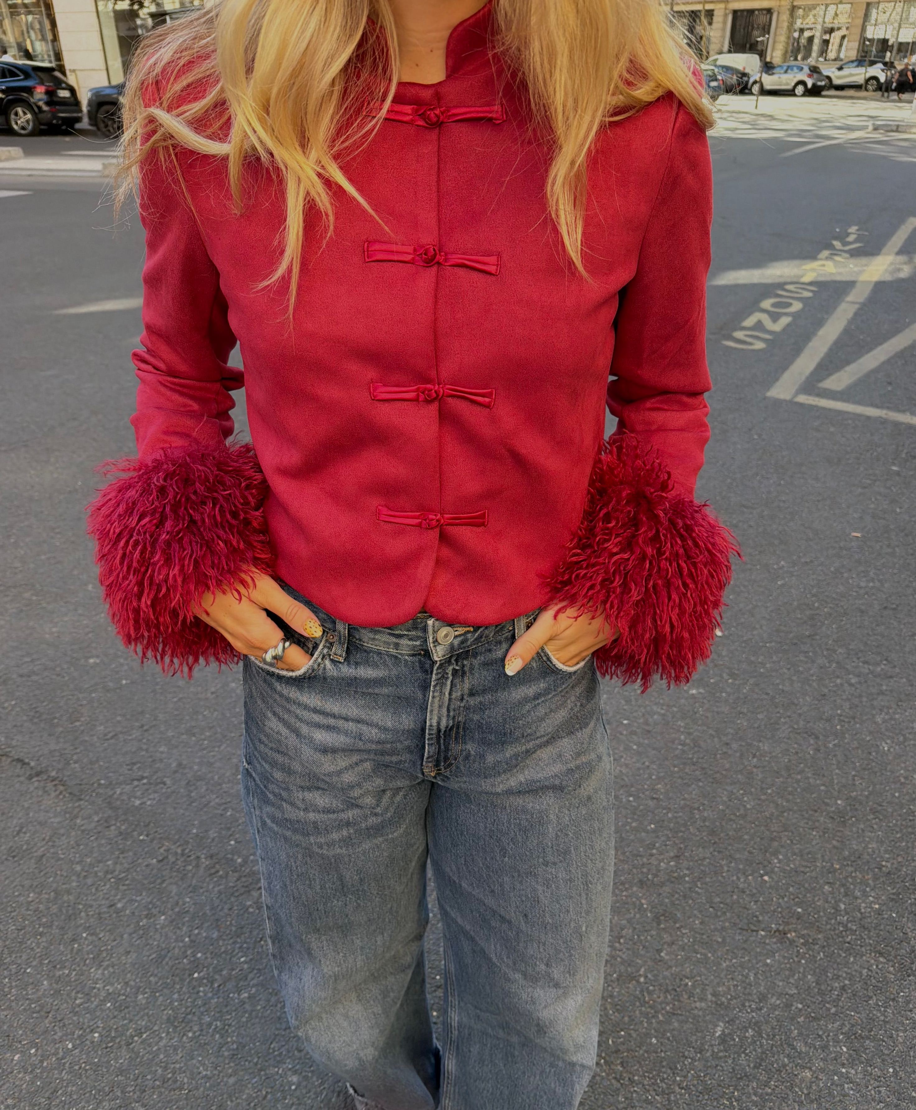 Red Suede Frog-Button Cropped Jacket