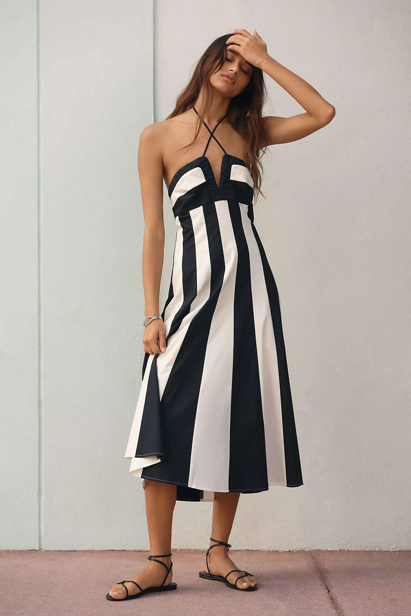 Striped Linen Halter Midi Dress
