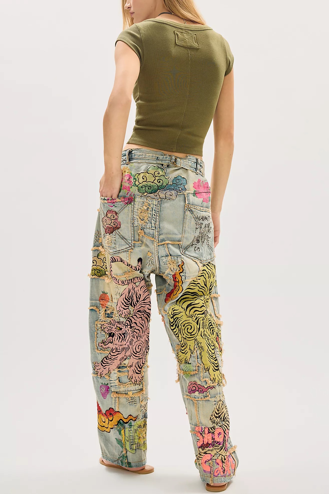 Tiger & Floral Patchwork Wide Leg Jeans