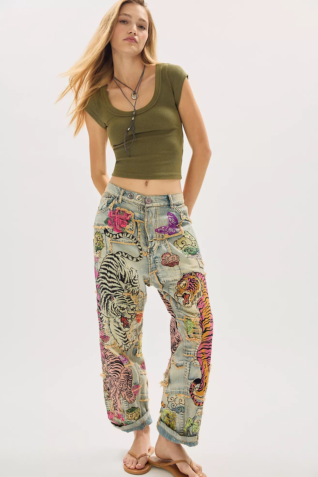 Tiger & Floral Patchwork Wide Leg Jeans