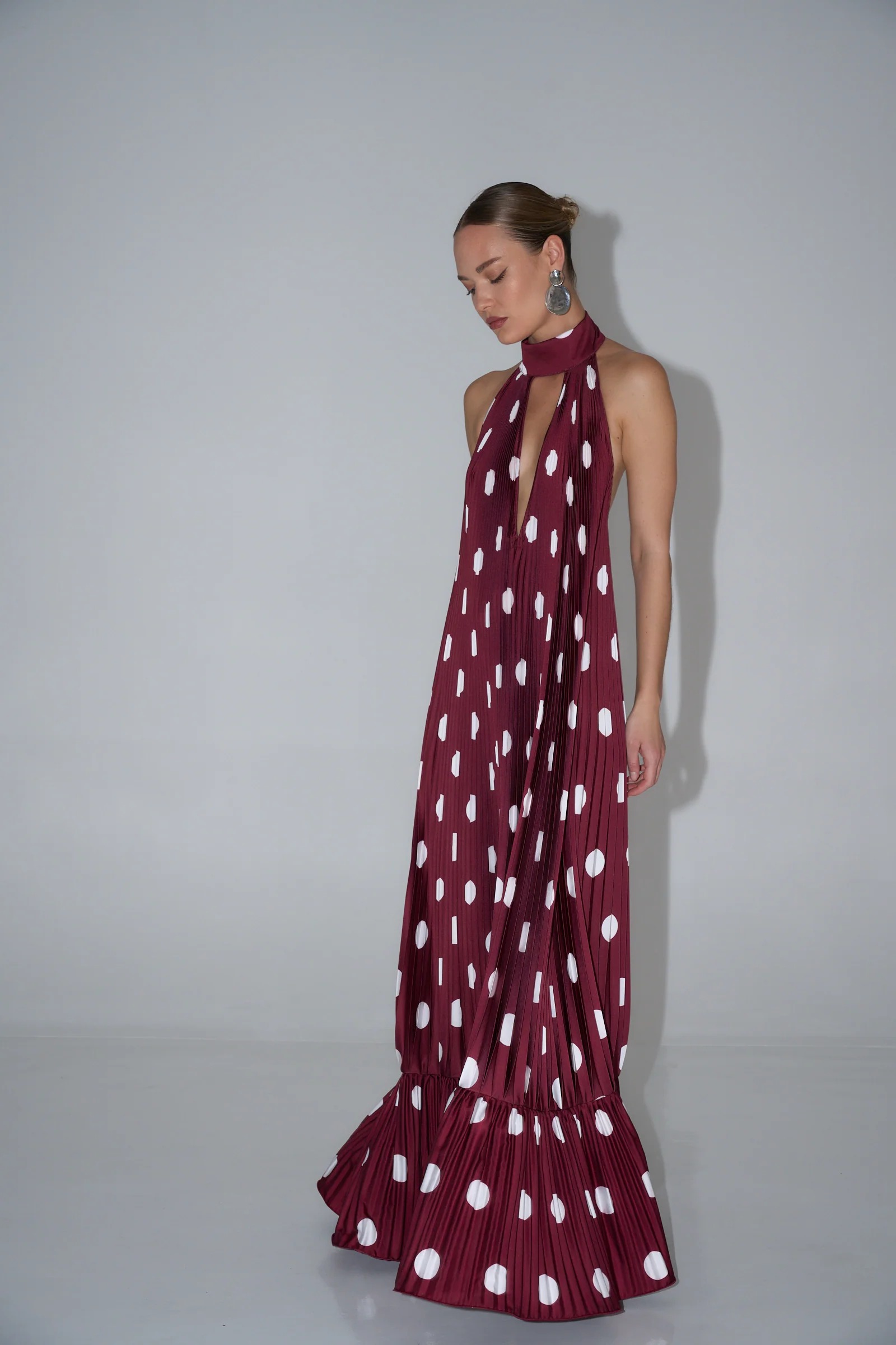 Wine Dot Pleated Halter Maxi Dress