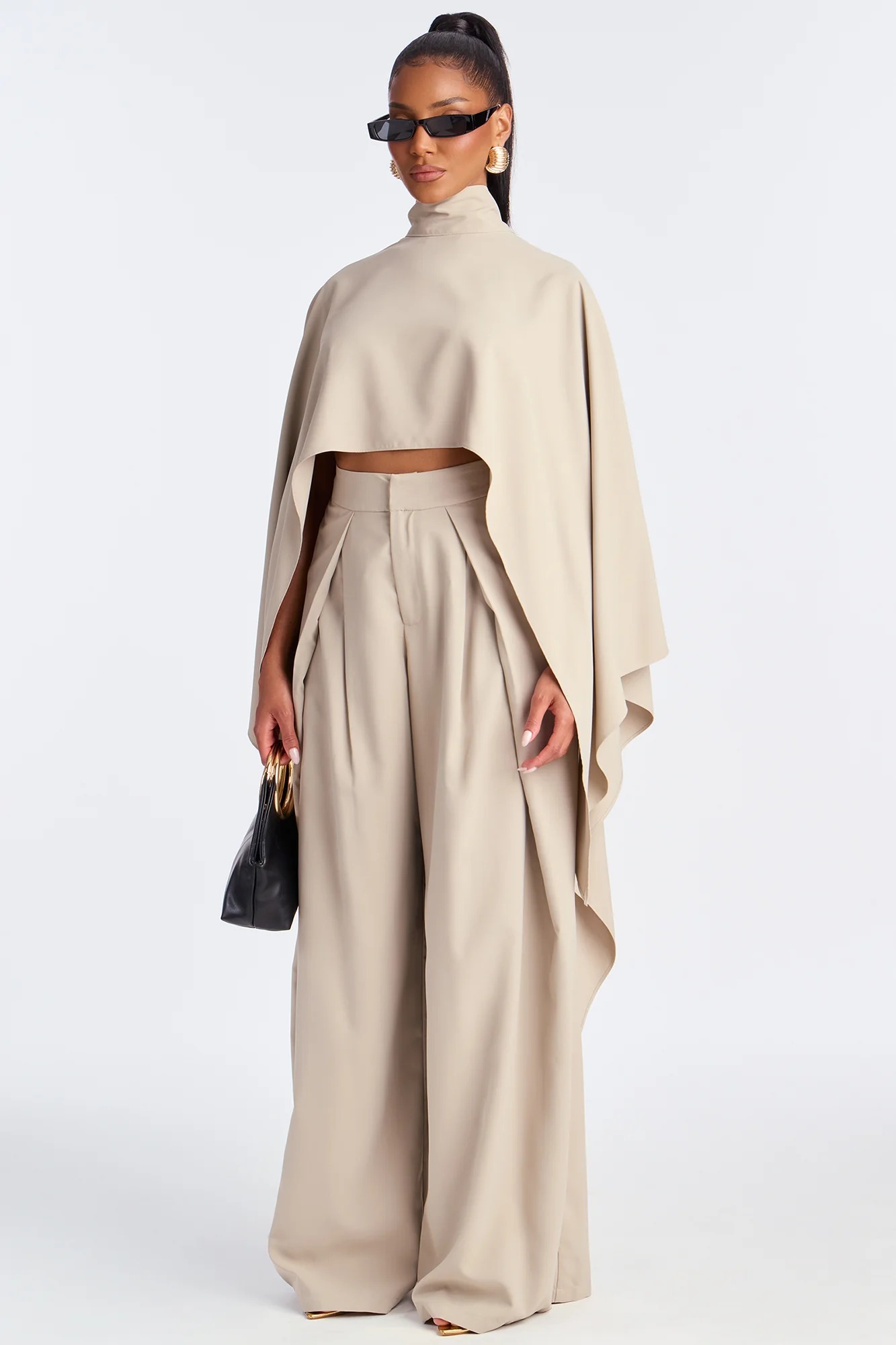 Beige Pleated Wide-Leg Cropped Pant Set