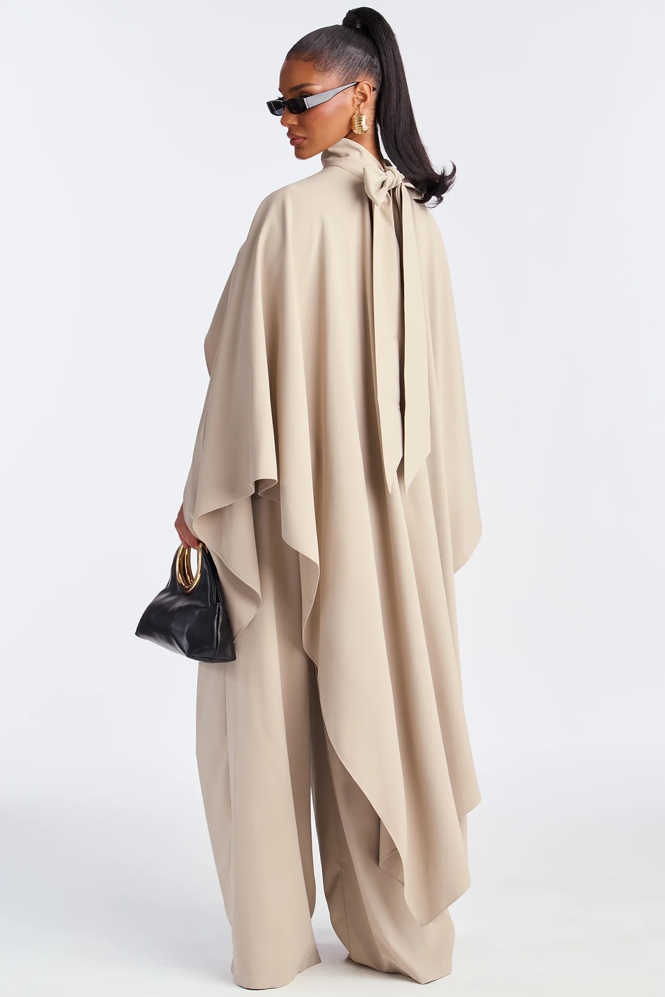 Beige Pleated Wide-Leg Cropped Pant Set