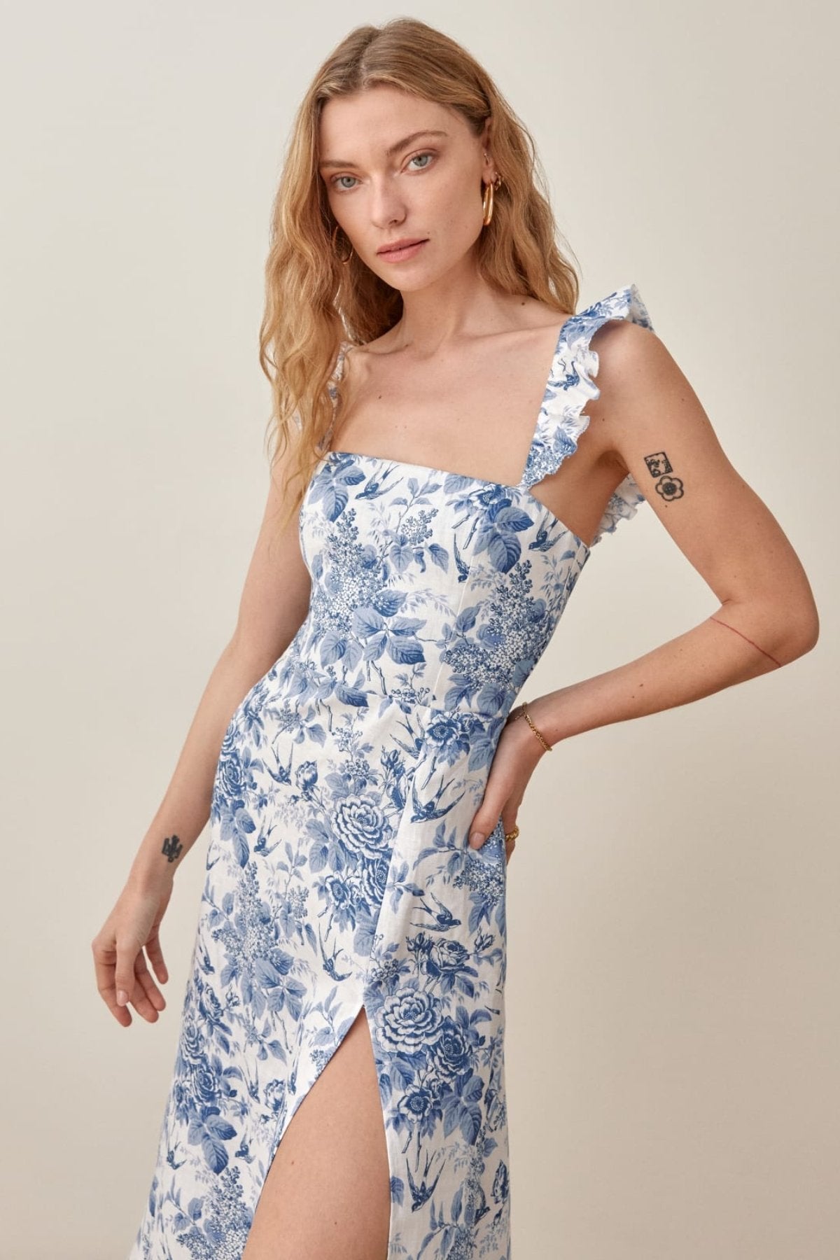 Joa Printed Ruffle Strap Slit Midi Dress-CALLISTARI