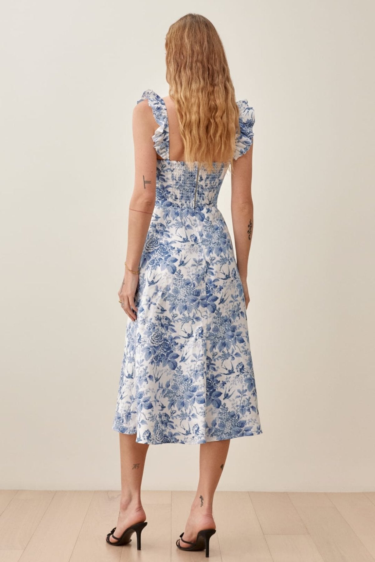Joa Printed Ruffle Strap Slit Midi Dress-CALLISTARI