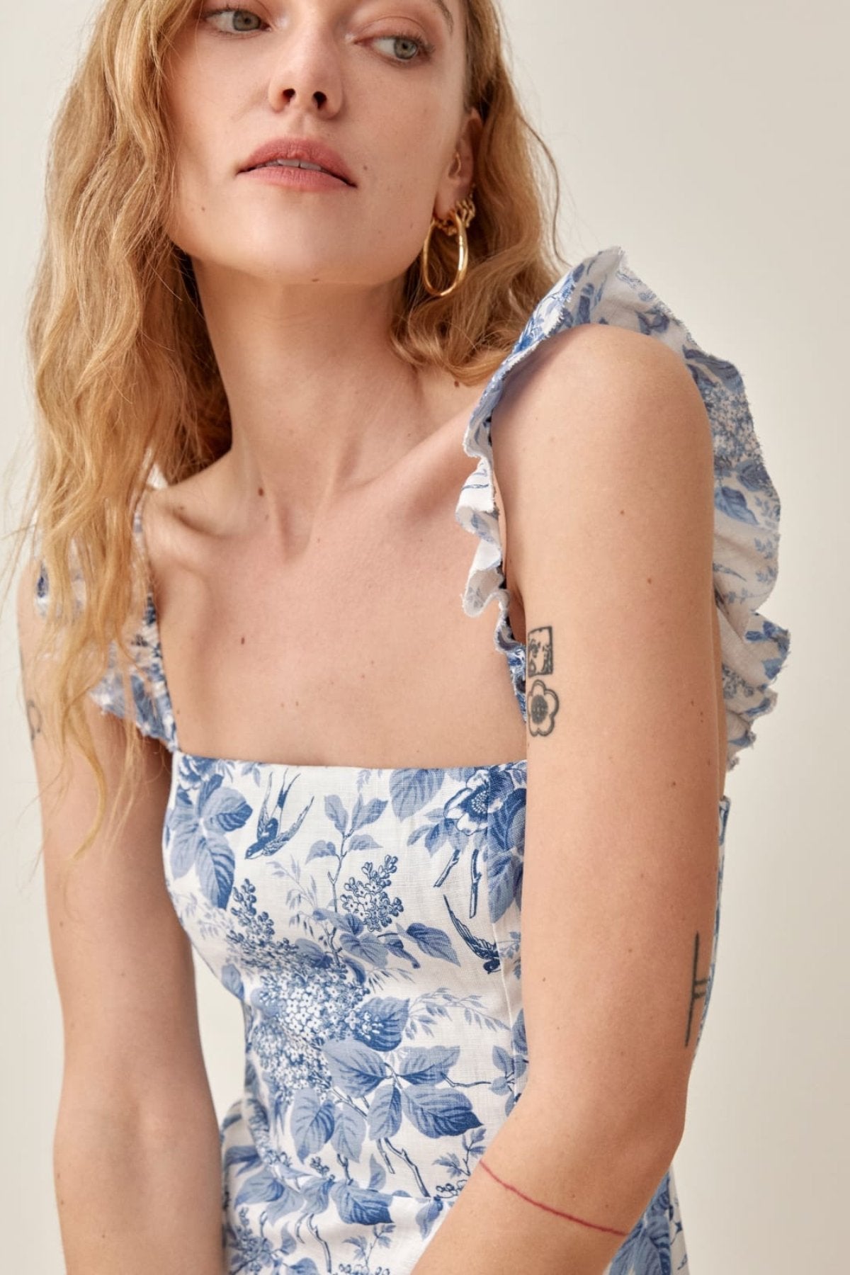 Joa Printed Ruffle Strap Slit Midi Dress-CALLISTARI