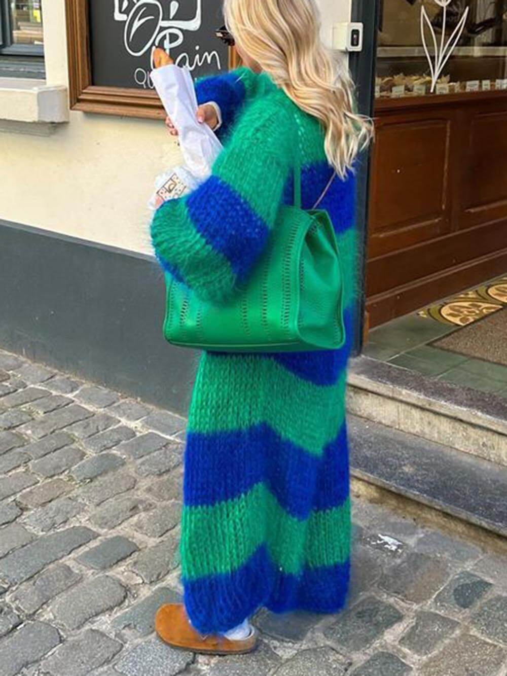 Lazy Style Contrast Striped Sweater Long Coat-CALLISTARI