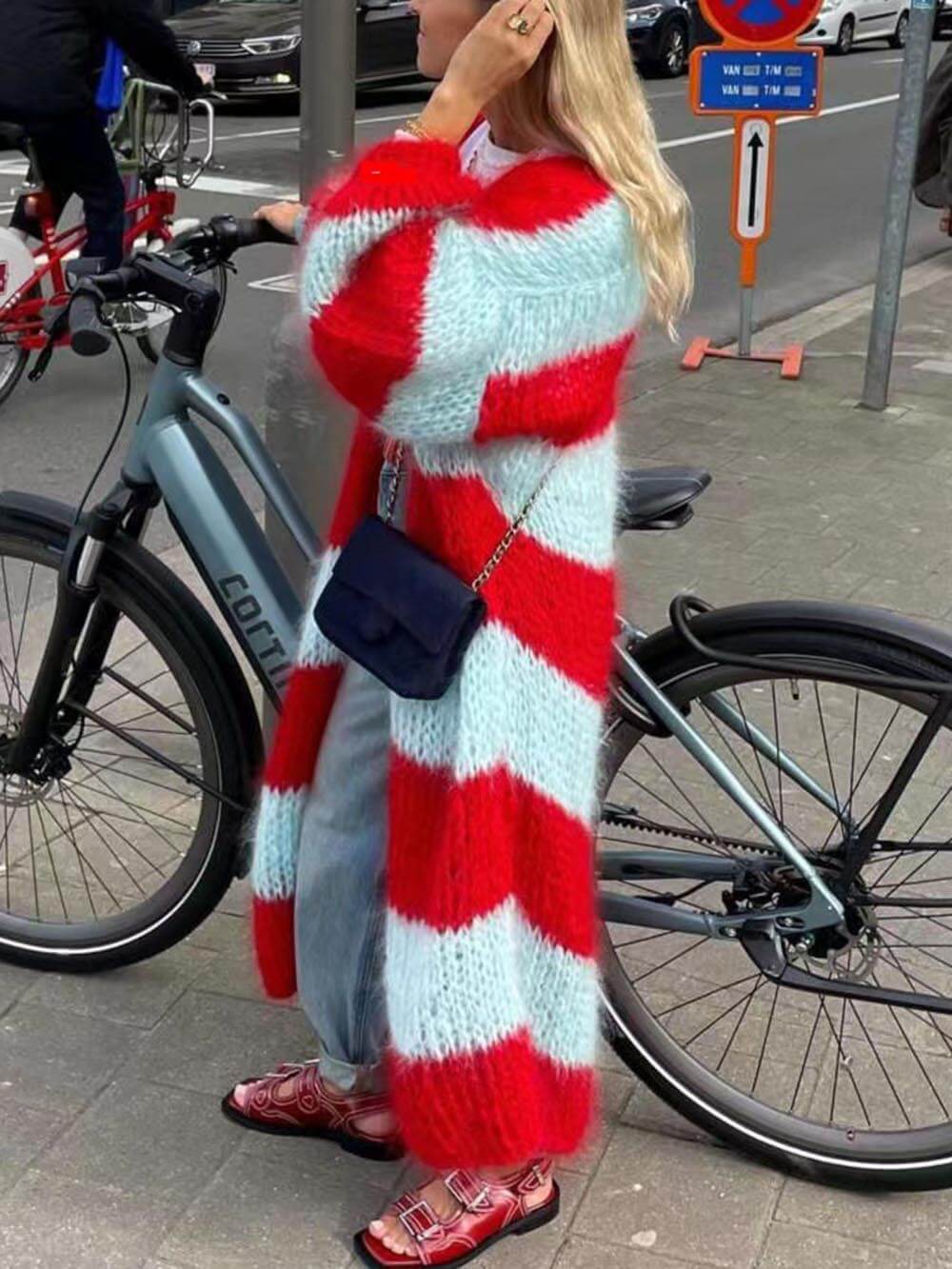 Lazy Style Contrast Striped Sweater Long Coat-CALLISTARI