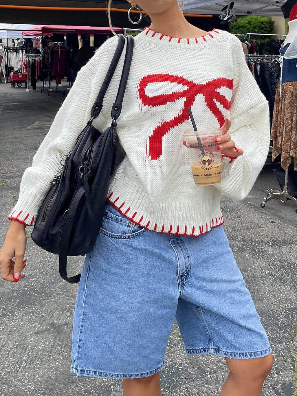 Bow Jacquard Loose Pullover Sweater-CALLISTARI