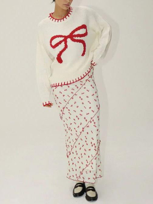 Bow Jacquard Loose Pullover Sweater-CALLISTARI