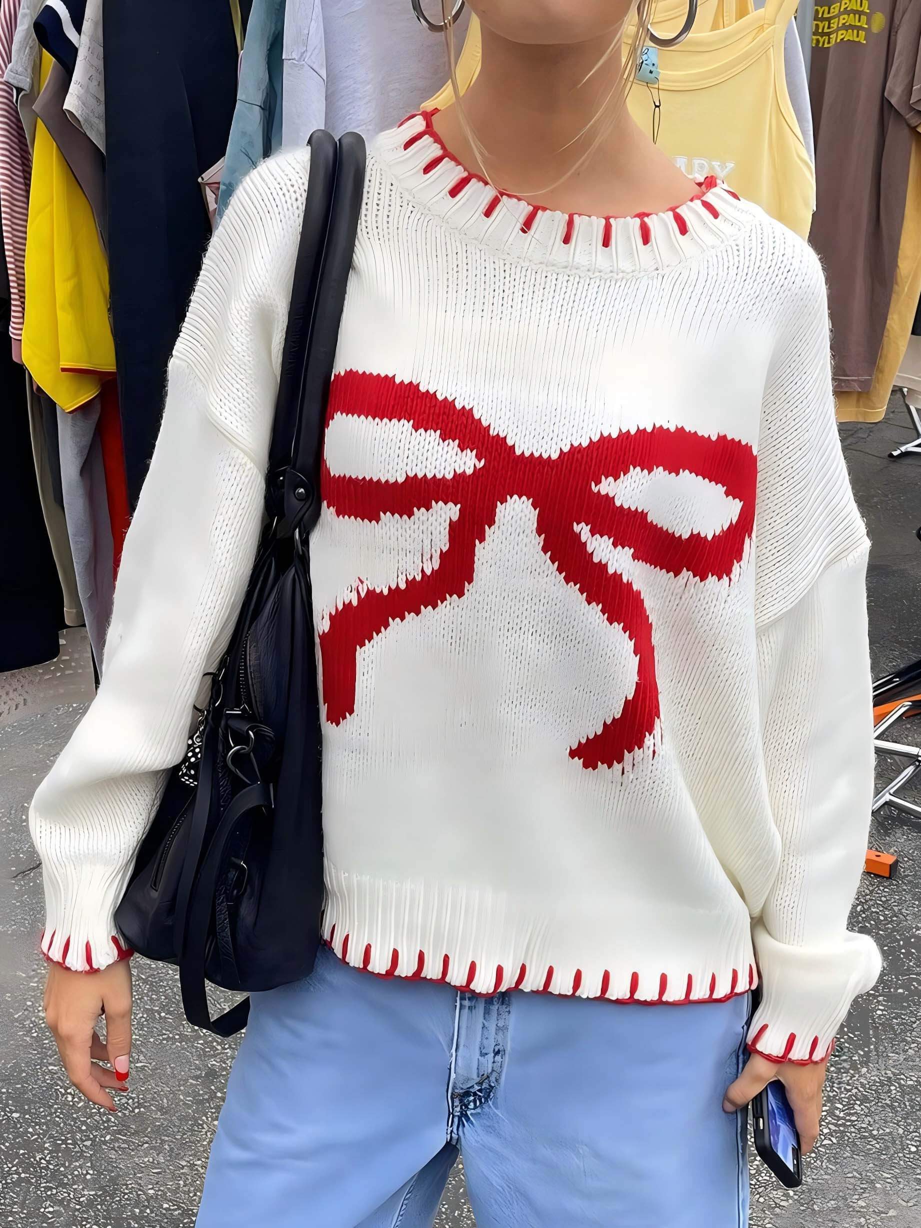 Bow Jacquard Loose Pullover Sweater-CALLISTARI