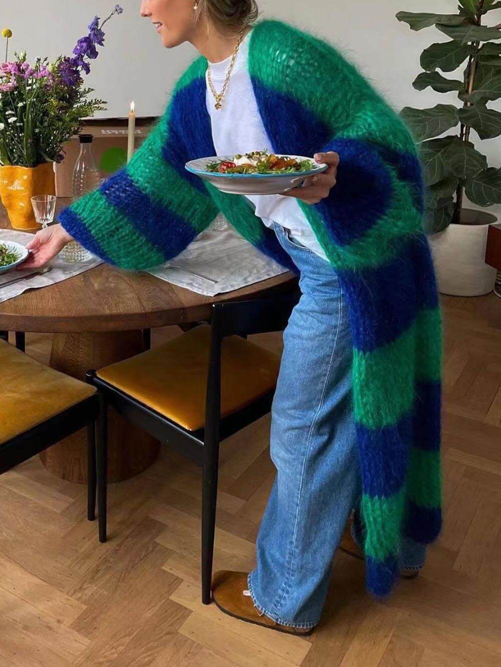 Lazy Style Contrast Striped Sweater Long Coat-CALLISTARI