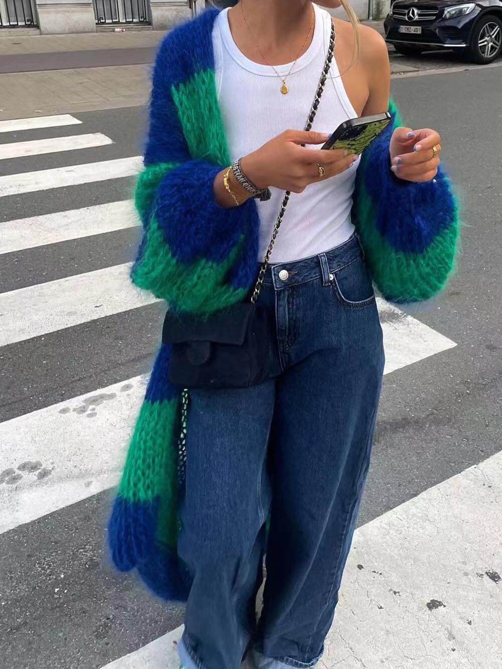 Lazy Style Contrast Striped Sweater Long Coat-CALLISTARI