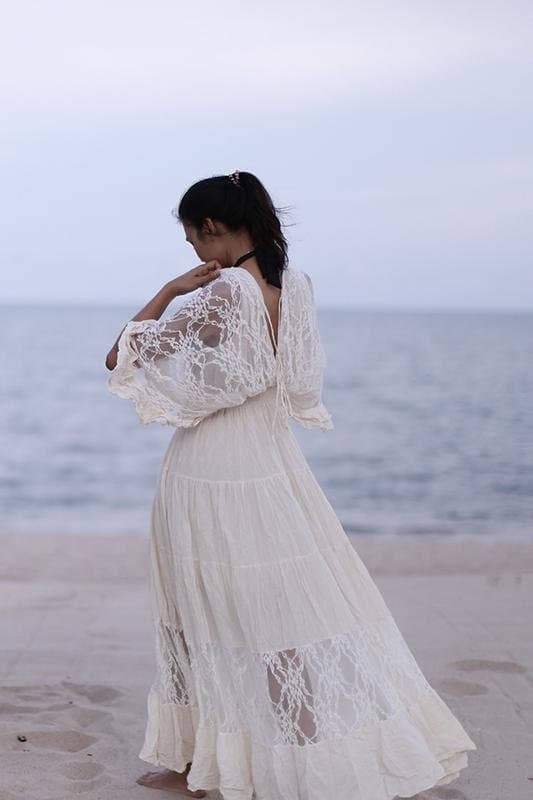 Holiday style lace deep v long dress-Mesadic