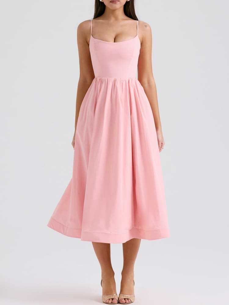 Rose Pink Cotton Corset Sundress-Mesadic