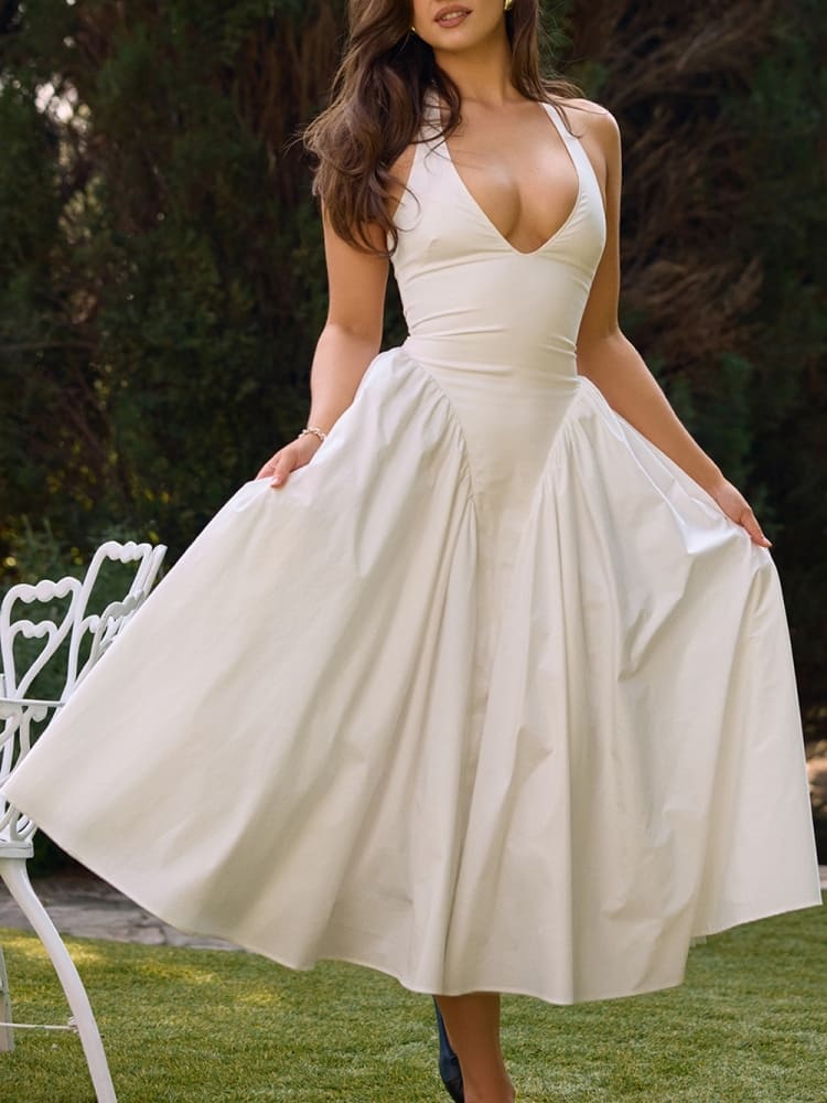 White Cotton Halter Midi Sundress-CALLISTARI