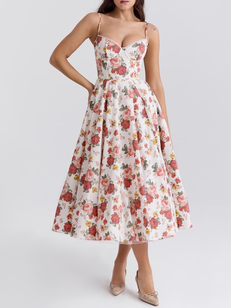 Italian Rose Print Tulle Midi Dress-CALLISTARI