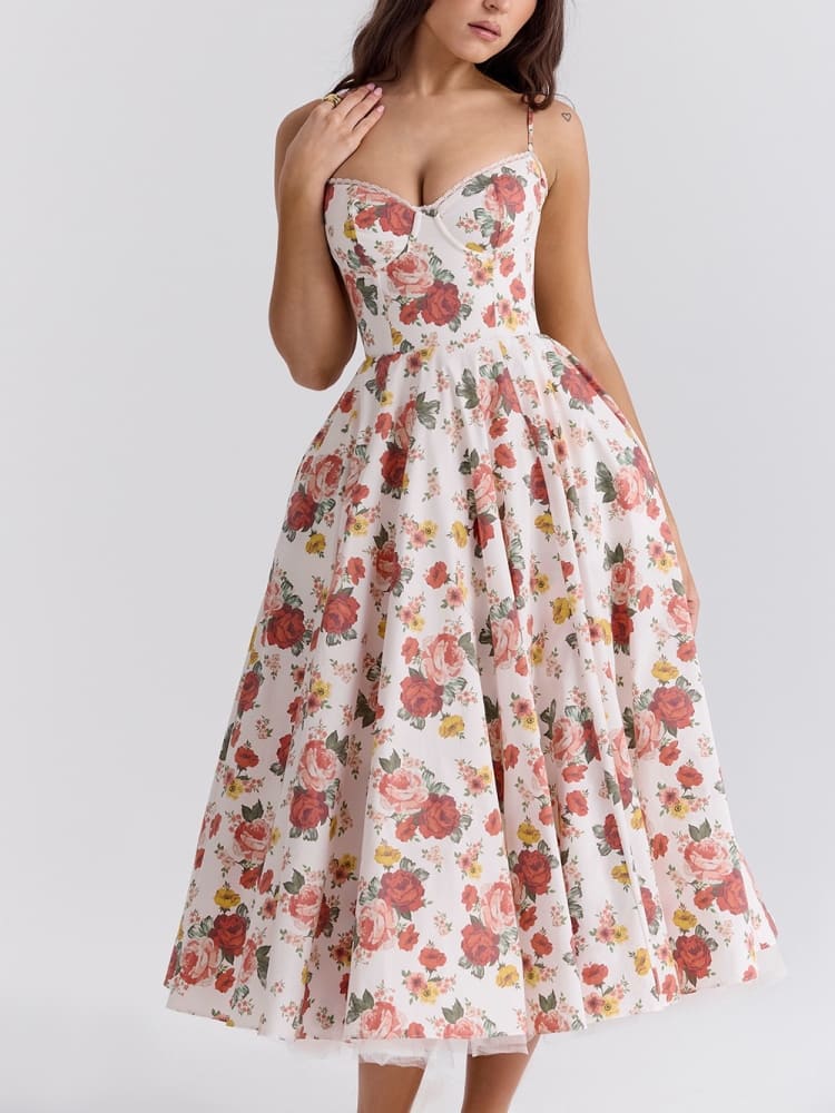 Italian Rose Print Tulle Midi Dress-CALLISTARI