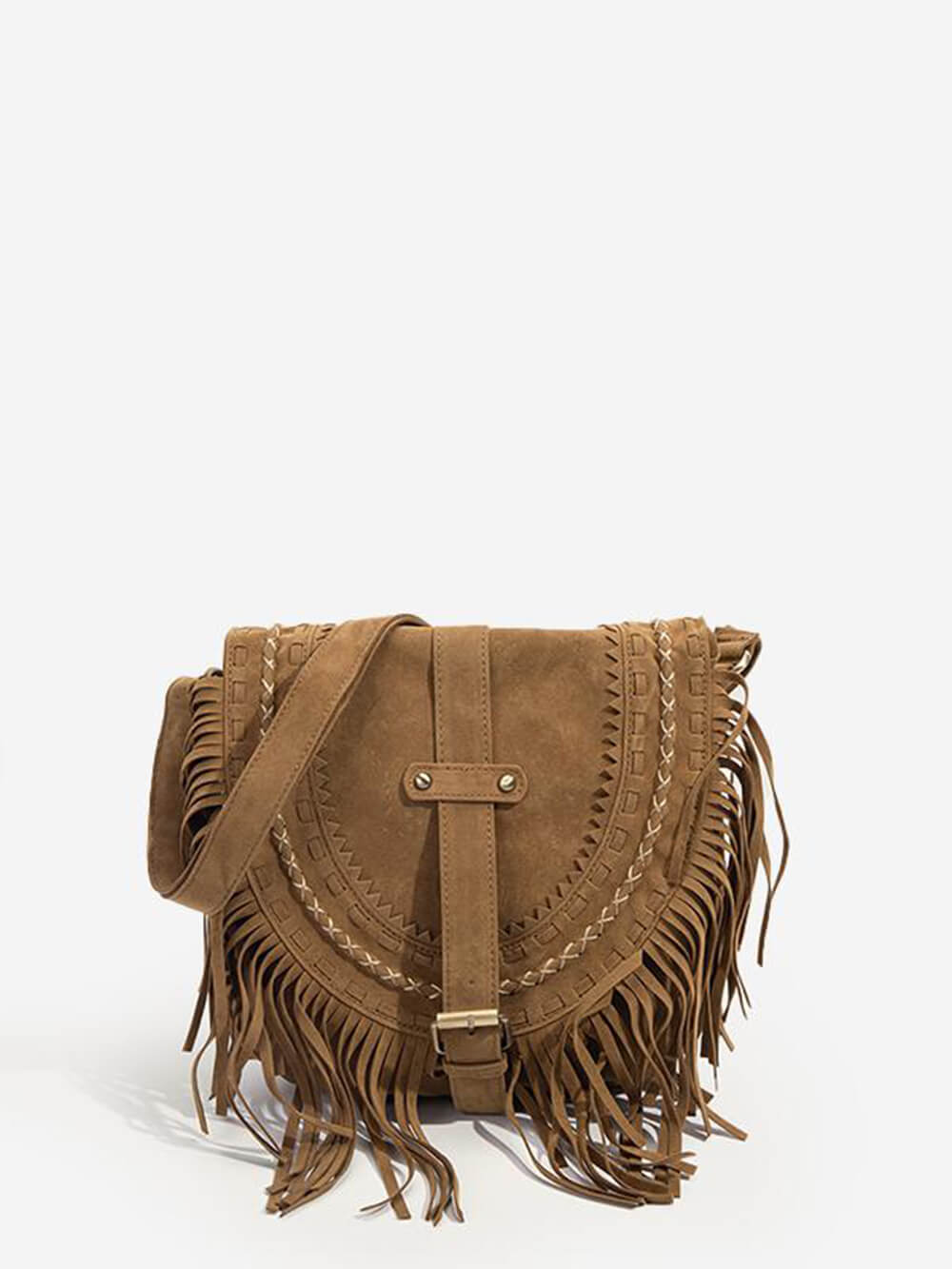 Faux Suede Fringed Buckle Decorated Bag-CALLISTARI