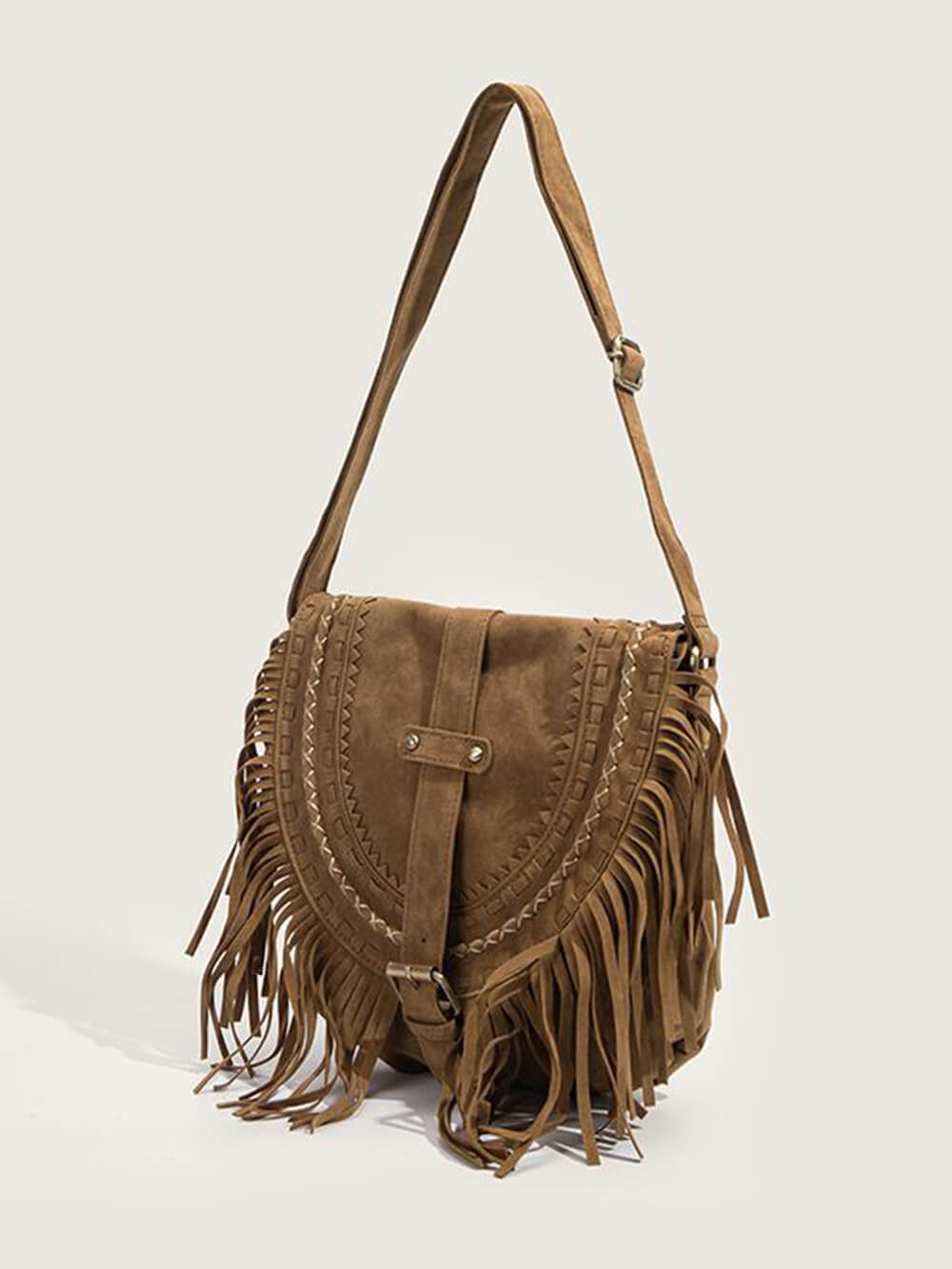 Faux Suede Fringed Buckle Decorated Bag-CALLISTARI